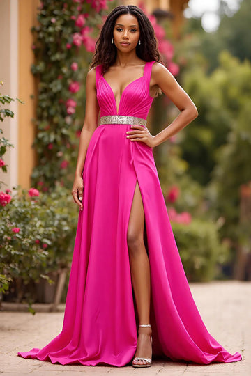 Sparkly Fuchsia Satin A Line V-Neck Long Formal Dress with Slit